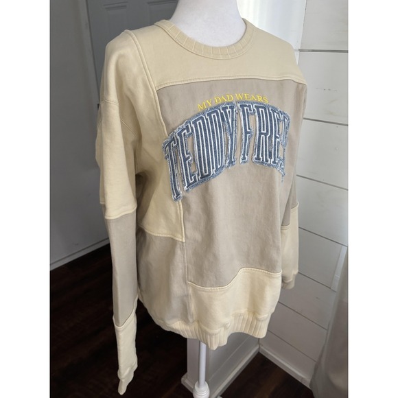 Teddy Fresh Sweatshirt Mens Large Beige Cream Colorblock Crewneck My Dad Wears - Picture 2 of 8